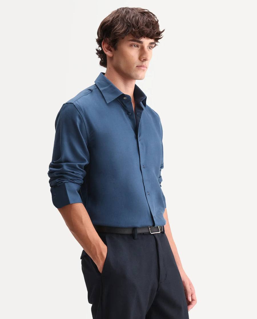 Rare Rabbit Men's Zanty Blue Cotton Blend Fabric Full Sleeve Regular Fit Plain Shirt