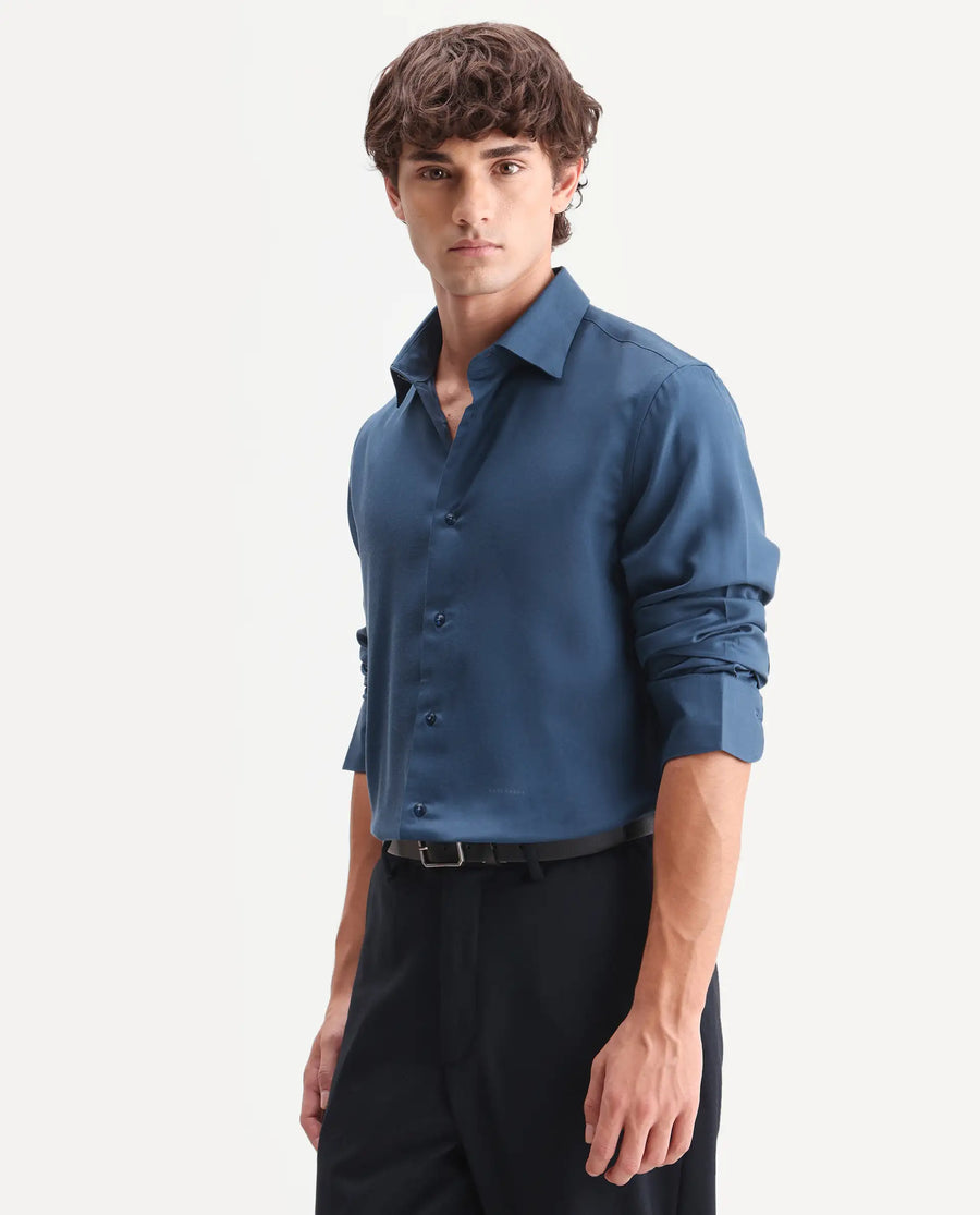 Rare Rabbit Men's Zanty Blue Cotton Blend Fabric Full Sleeve Regular Fit Plain Shirt
