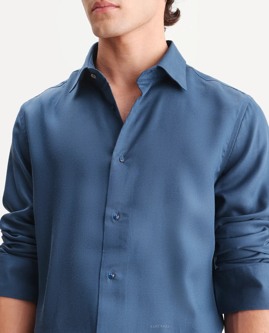 Rare Rabbit Men's Zanty Blue Cotton Blend Fabric Full Sleeve Regular Fit Plain Shirt