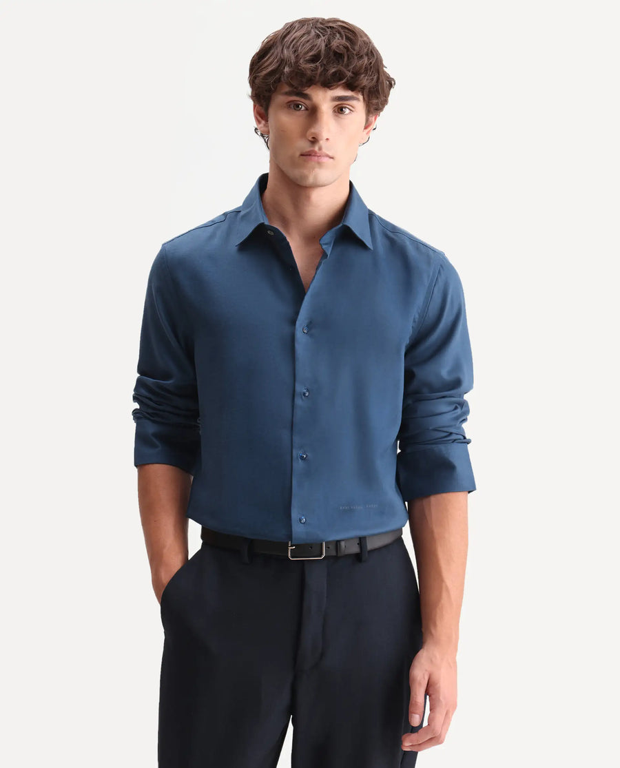 Rare Rabbit Men's Zanty Blue Cotton Blend Fabric Full Sleeve Regular Fit Plain Shirt