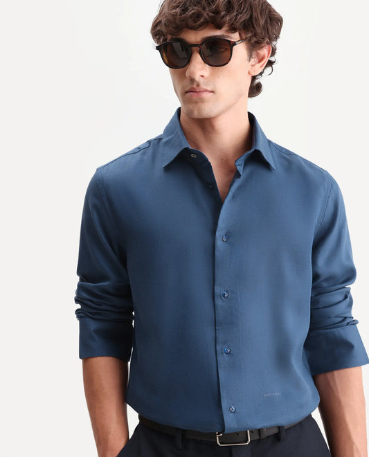 Rare Rabbit Men's Zanty Blue Cotton Blend Fabric Full Sleeve Regular Fit Plain Shirt
