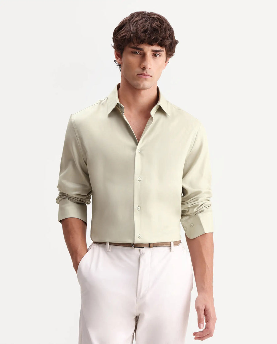 Rare Rabbit Men's Zanty Light Green Cotton Blend Fabric Full Sleeve Regular Fit Plain Shirt