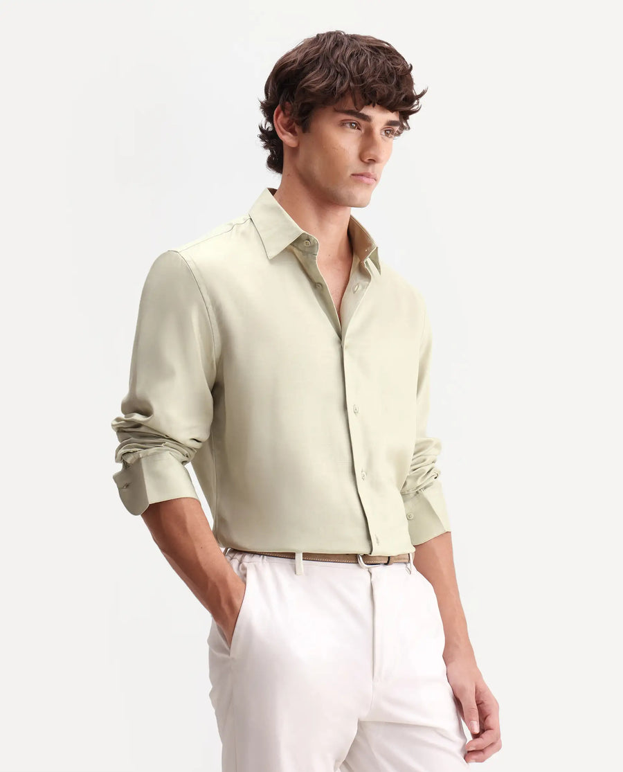 Rare Rabbit Men's Zanty Light Green Cotton Blend Fabric Full Sleeve Regular Fit Plain Shirt