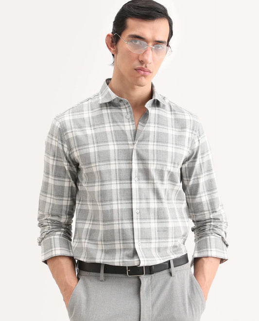 Rare Rabbit Men's Clary Dark Grey Cotton Fabric Full Sleeve Regular Fit Checked Shirt