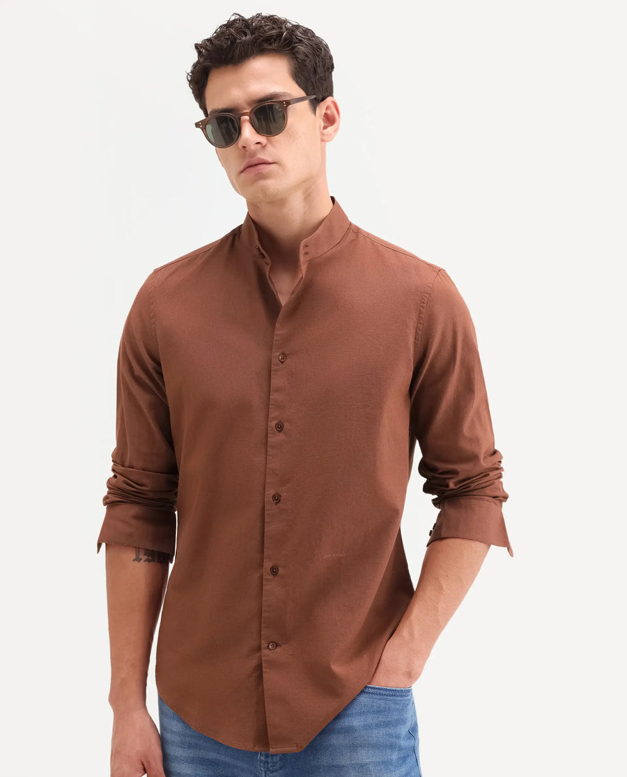 Rare Rabbit Men's Cadex Brown Cotton Fabric Full Sleeve Mandarin Collar Regular Fit Plain Shirt