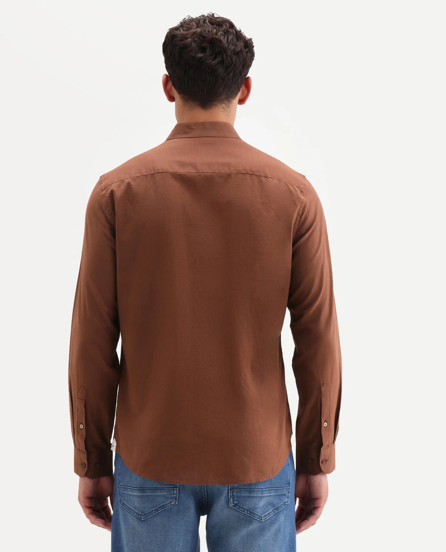 Rare Rabbit Men's Cadex Brown Cotton Fabric Full Sleeve Mandarin Collar Regular Fit Plain Shirt