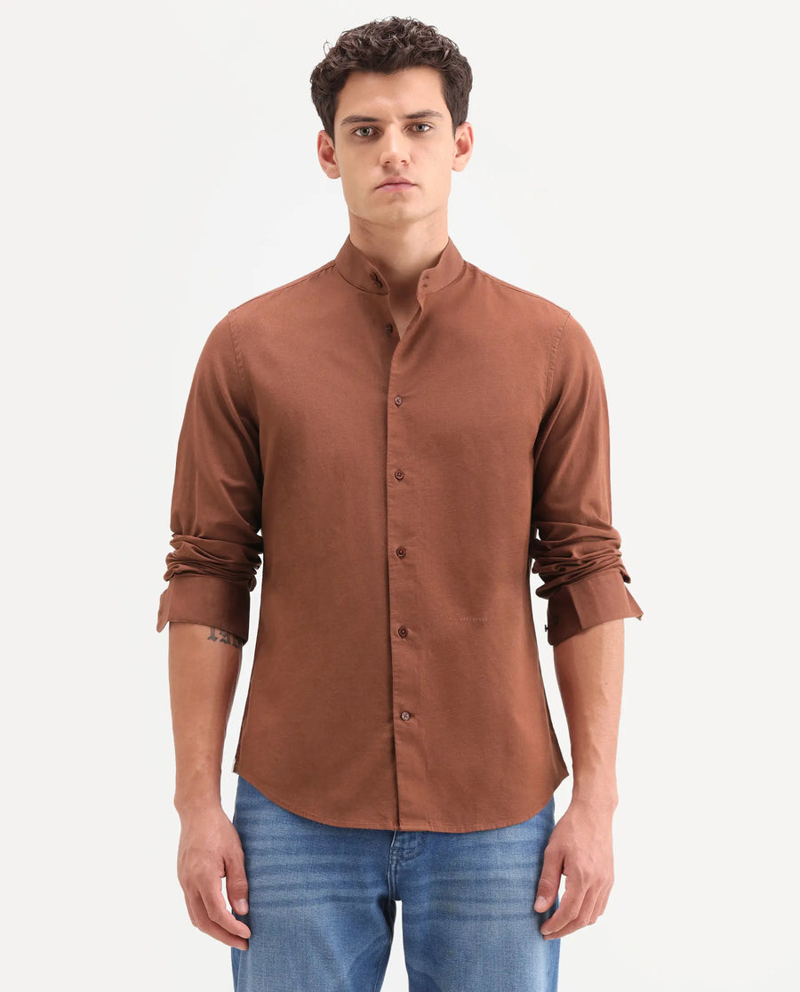 Rare Rabbit Men's Cadex Brown Cotton Fabric Full Sleeve Mandarin Collar Regular Fit Plain Shirt