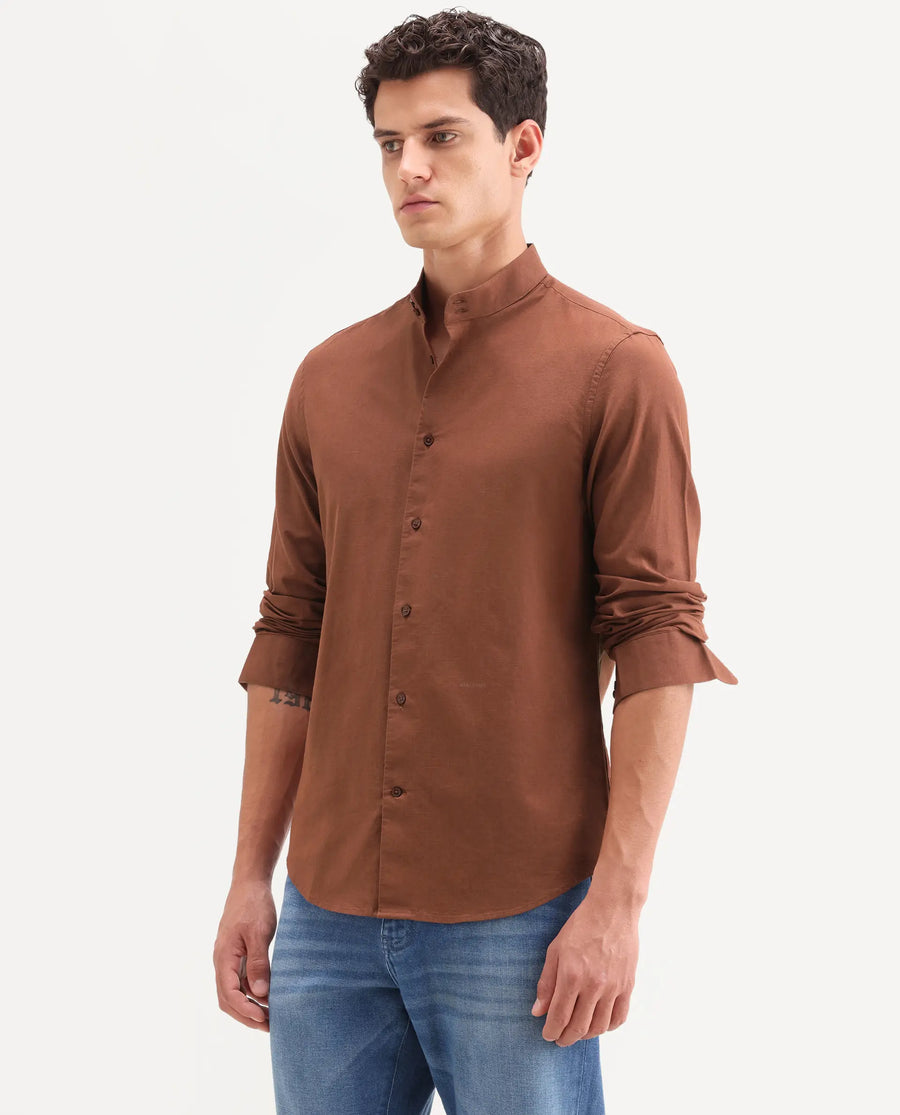 Rare Rabbit Men's Cadex Brown Cotton Fabric Full Sleeve Mandarin Collar Regular Fit Plain Shirt