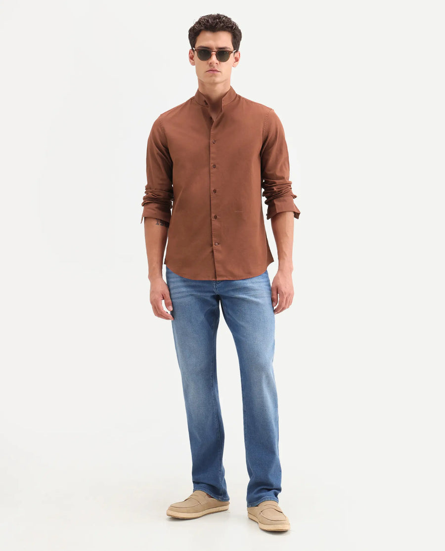 Rare Rabbit Men's Cadex Brown Cotton Fabric Full Sleeve Mandarin Collar Regular Fit Plain Shirt