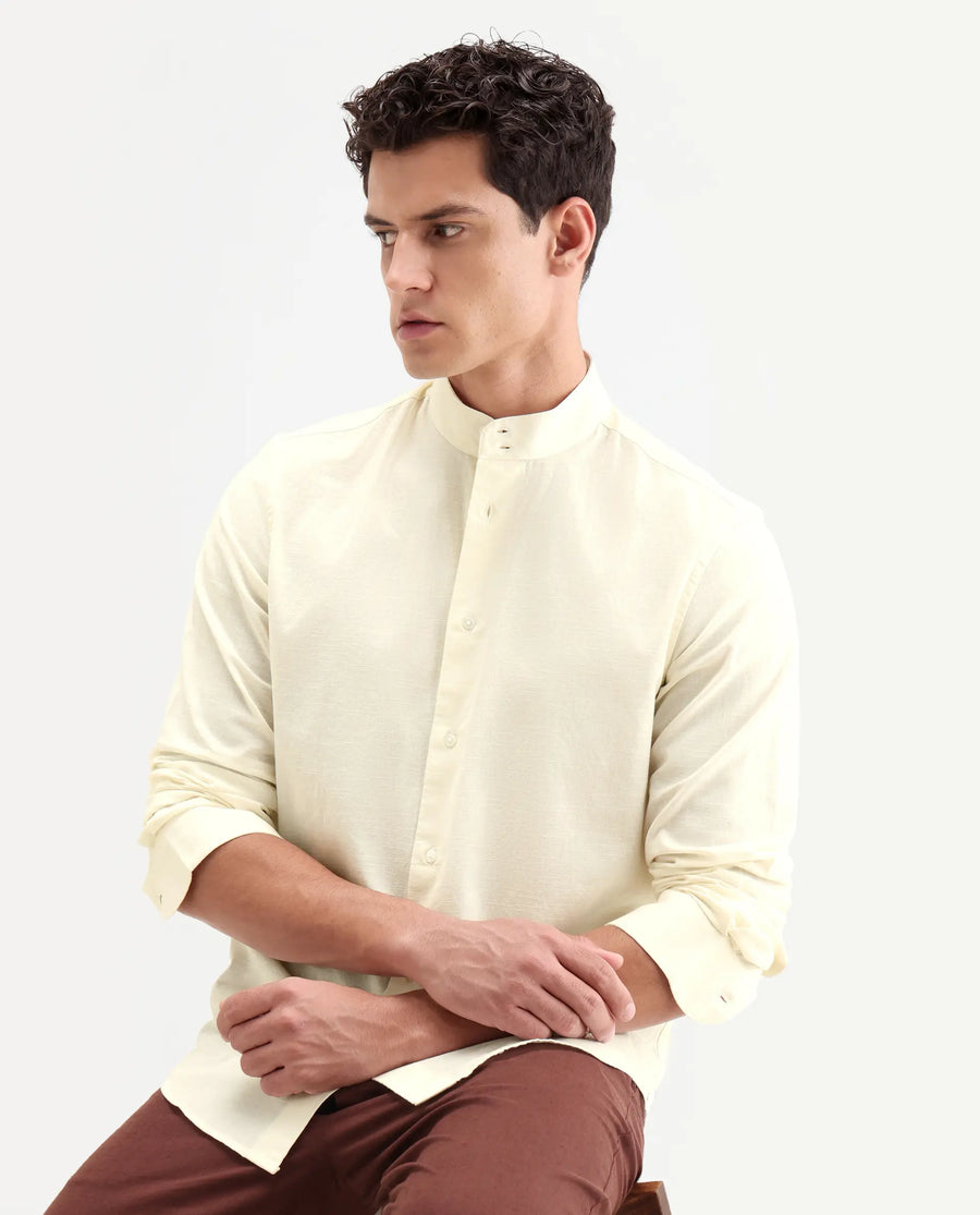Rare Rabbit Men's Cadex White Cotton Fabric Full Sleeve Mandarin Collar Regular Fit Plain Shirt
