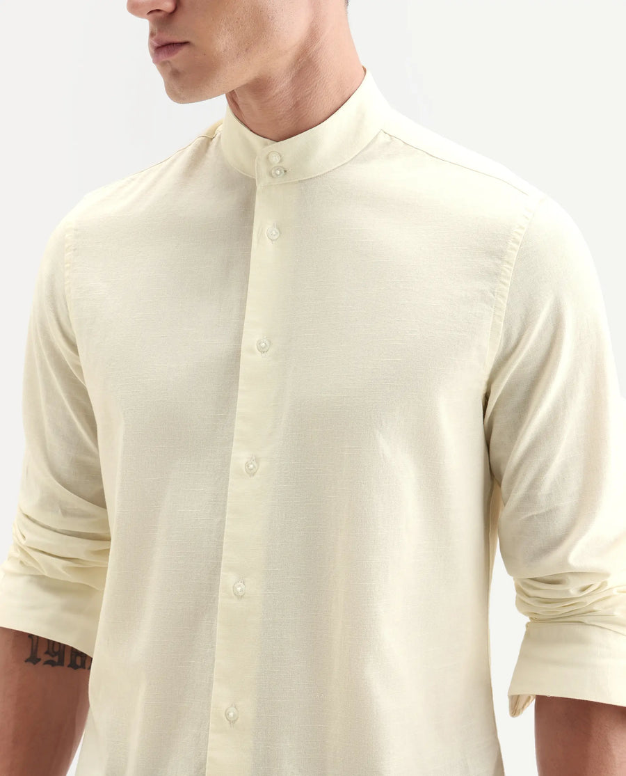 Rare Rabbit Men's Cadex White Cotton Fabric Full Sleeve Mandarin Collar Regular Fit Plain Shirt