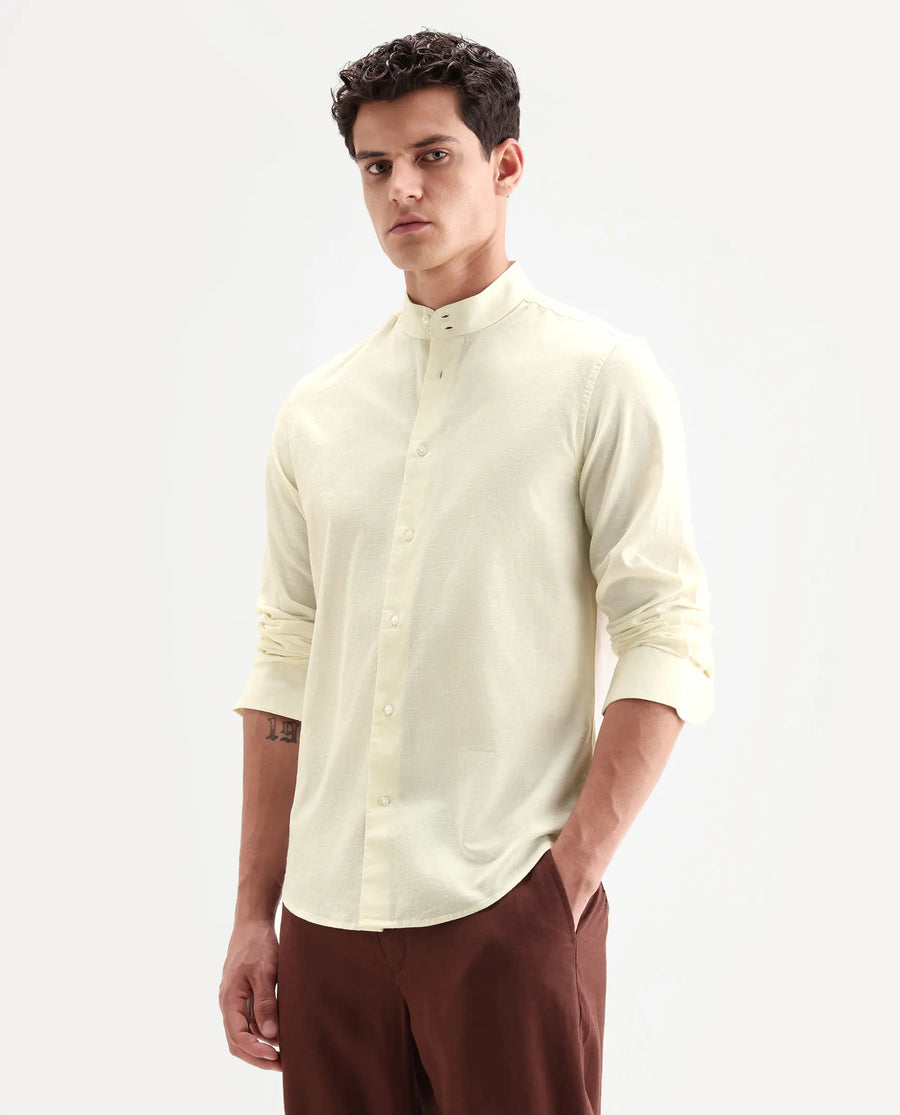 Rare Rabbit Men's Cadex White Cotton Fabric Full Sleeve Mandarin Collar Regular Fit Plain Shirt