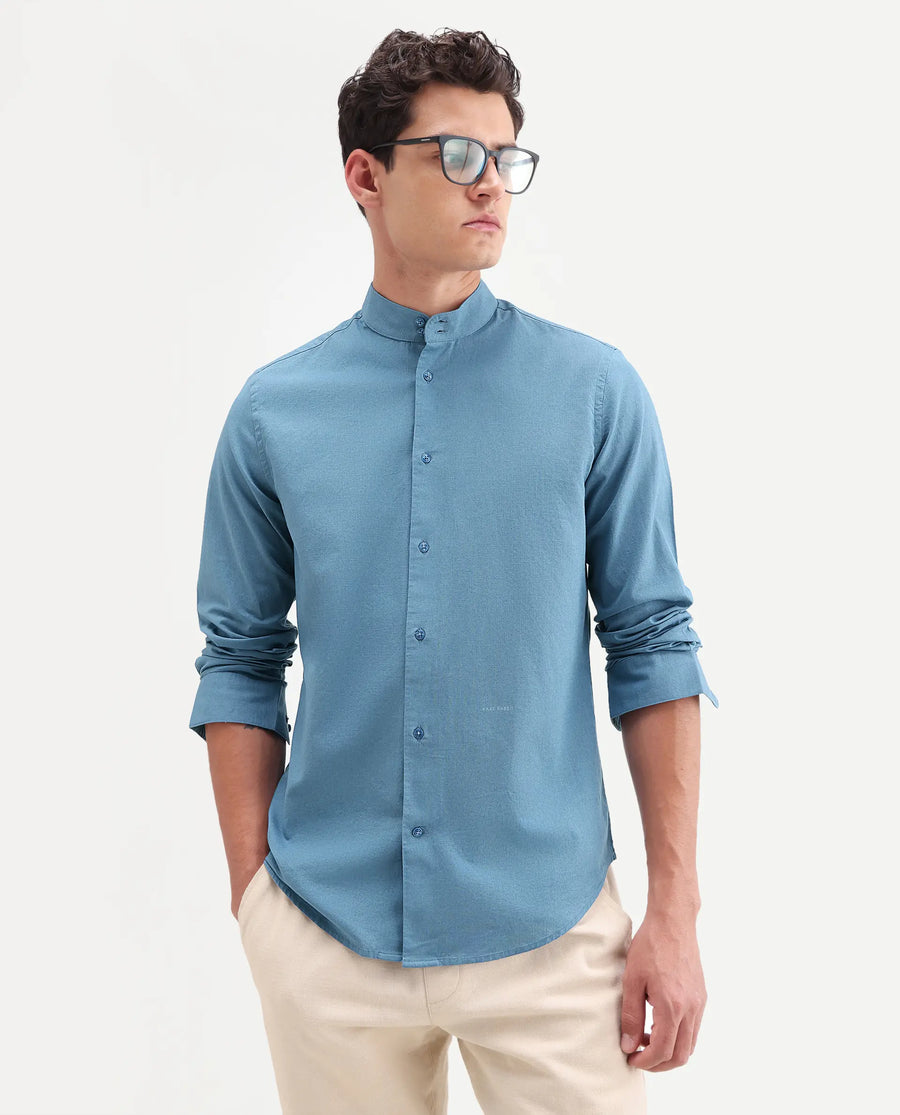 Rare Rabbit Men's Cadex Blue Cotton Fabric Full Sleeve Mandarin Collar Regular Fit Plain Shirt