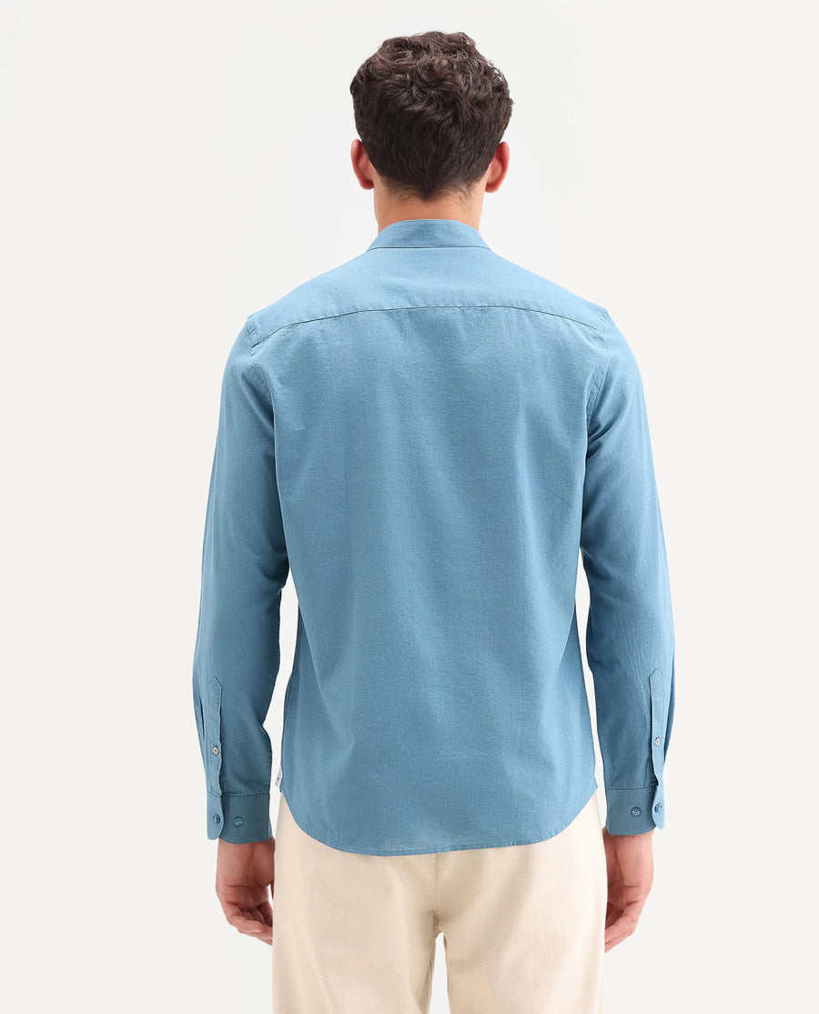 Rare Rabbit Men's Cadex Blue Cotton Fabric Full Sleeve Mandarin Collar Regular Fit Plain Shirt