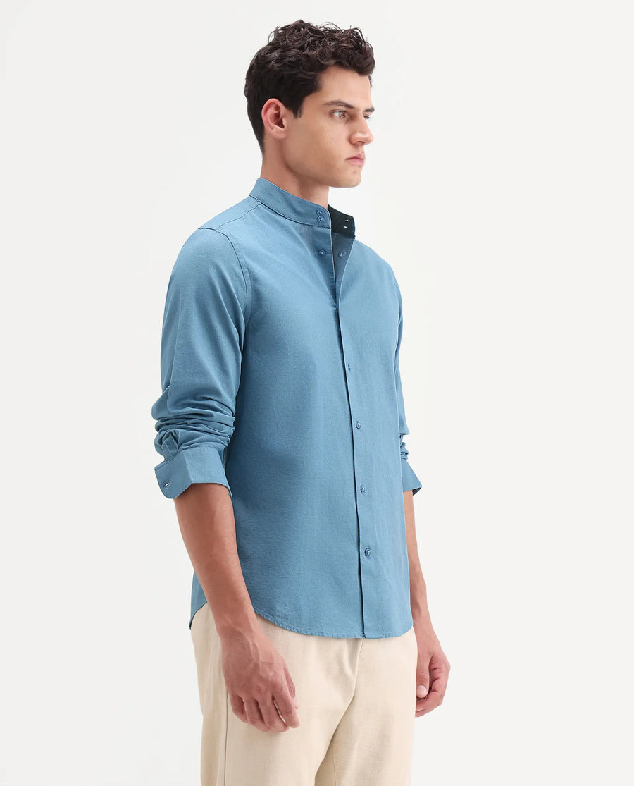 Rare Rabbit Men's Cadex Blue Cotton Fabric Full Sleeve Mandarin Collar Regular Fit Plain Shirt