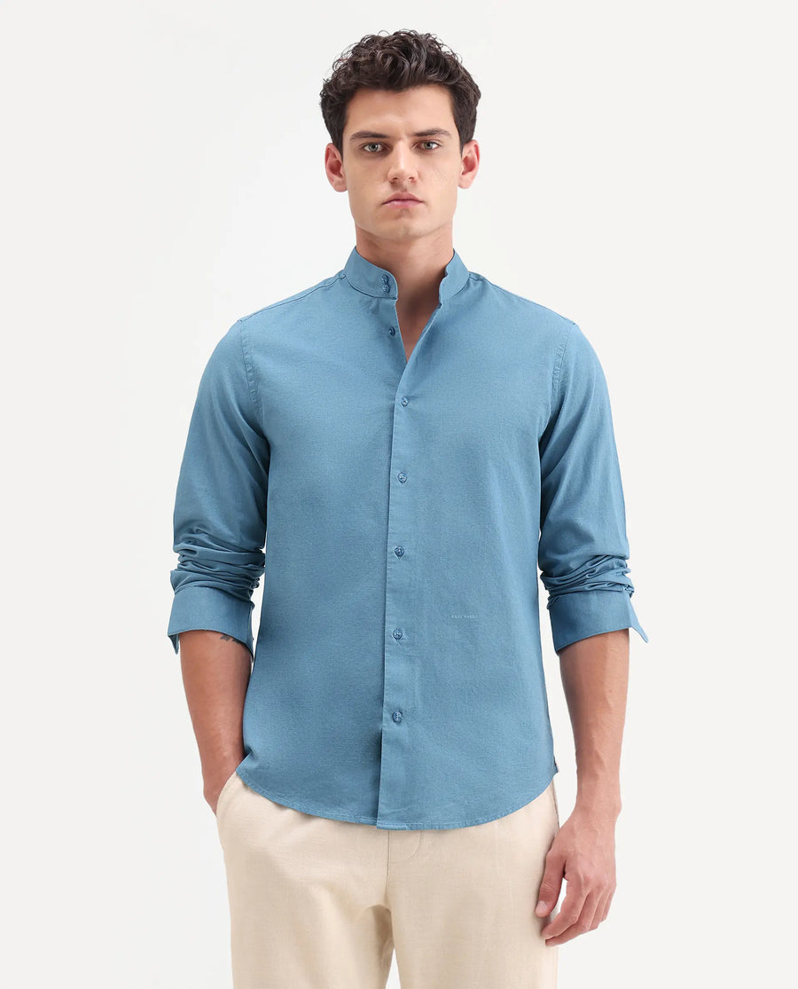 Rare Rabbit Men's Cadex Blue Cotton Fabric Full Sleeve Mandarin Collar Regular Fit Plain Shirt
