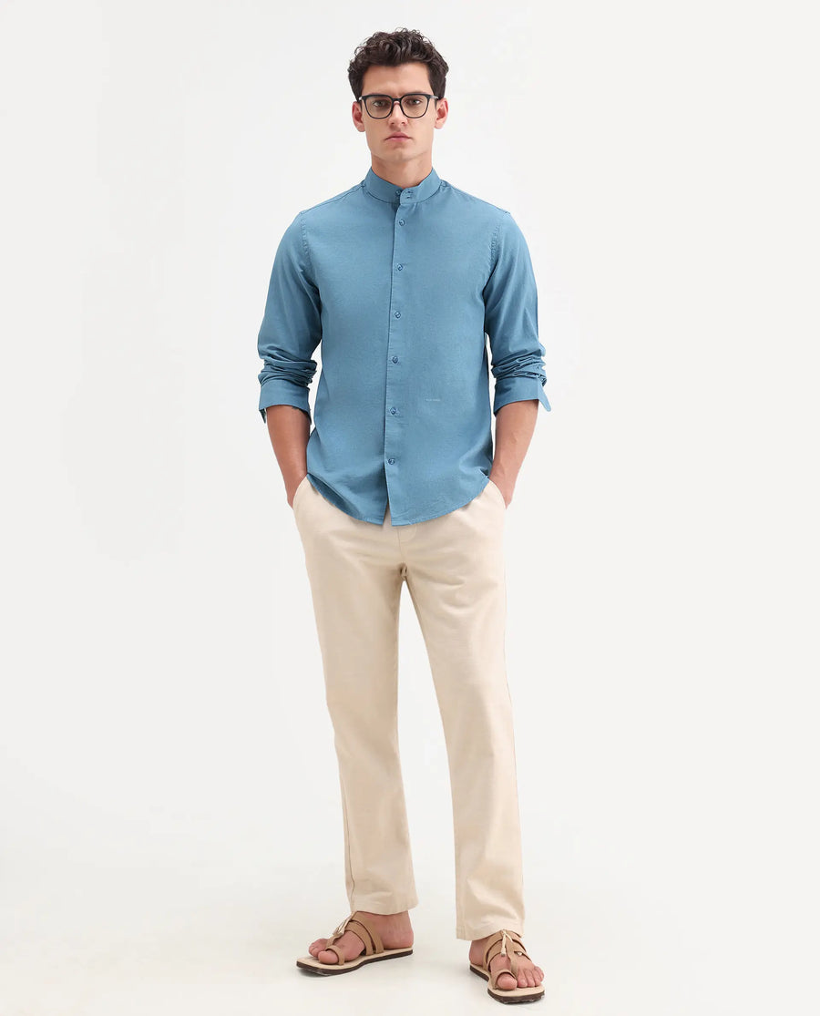 Rare Rabbit Men's Cadex Blue Cotton Fabric Full Sleeve Mandarin Collar Regular Fit Plain Shirt