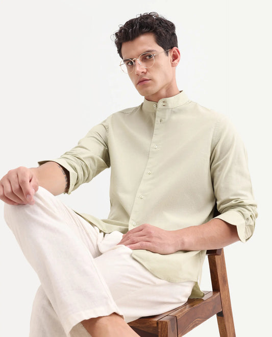 Rare Rabbit Men's Cadex Light Green Cotton Fabric Full Sleeve Mandarin Collar Regular Fit Plain Shirt