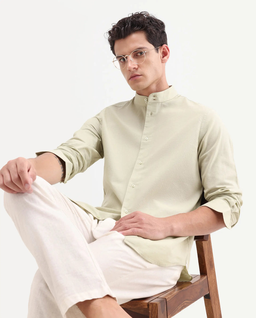 Rare Rabbit Men's Cadex Light Green Cotton Fabric Full Sleeve Mandarin Collar Regular Fit Plain Shirt