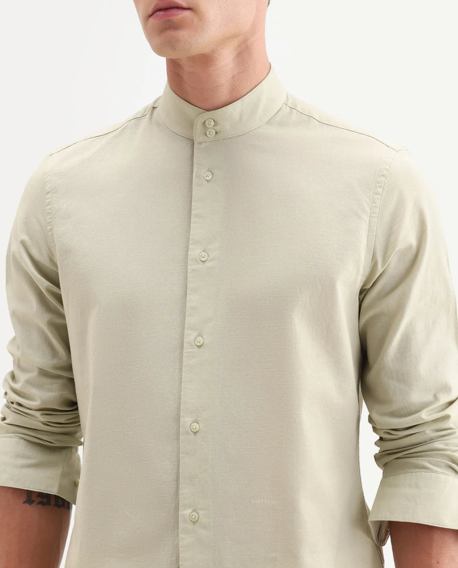 Rare Rabbit Men's Cadex Light Green Cotton Fabric Full Sleeve Mandarin Collar Regular Fit Plain Shirt