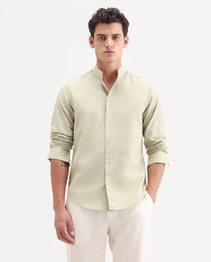 Rare Rabbit Men's Cadex Light Green Cotton Fabric Full Sleeve Mandarin Collar Regular Fit Plain Shirt