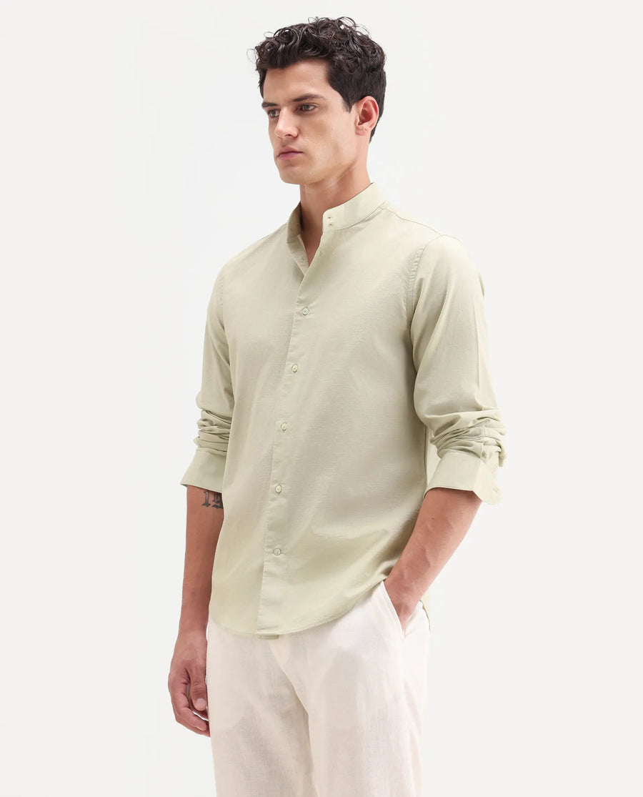 Rare Rabbit Men's Cadex Light Green Cotton Fabric Full Sleeve Mandarin Collar Regular Fit Plain Shirt