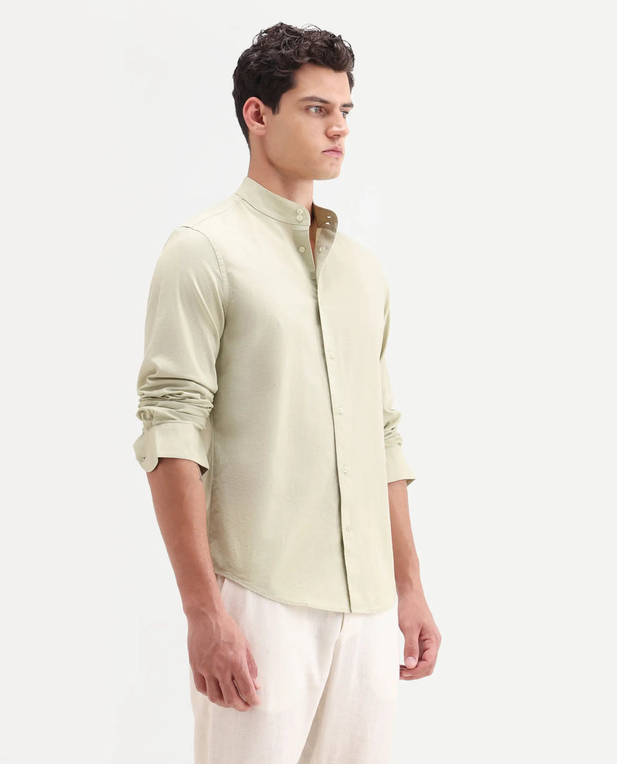 Rare Rabbit Men's Cadex Light Green Cotton Fabric Full Sleeve Mandarin Collar Regular Fit Plain Shirt