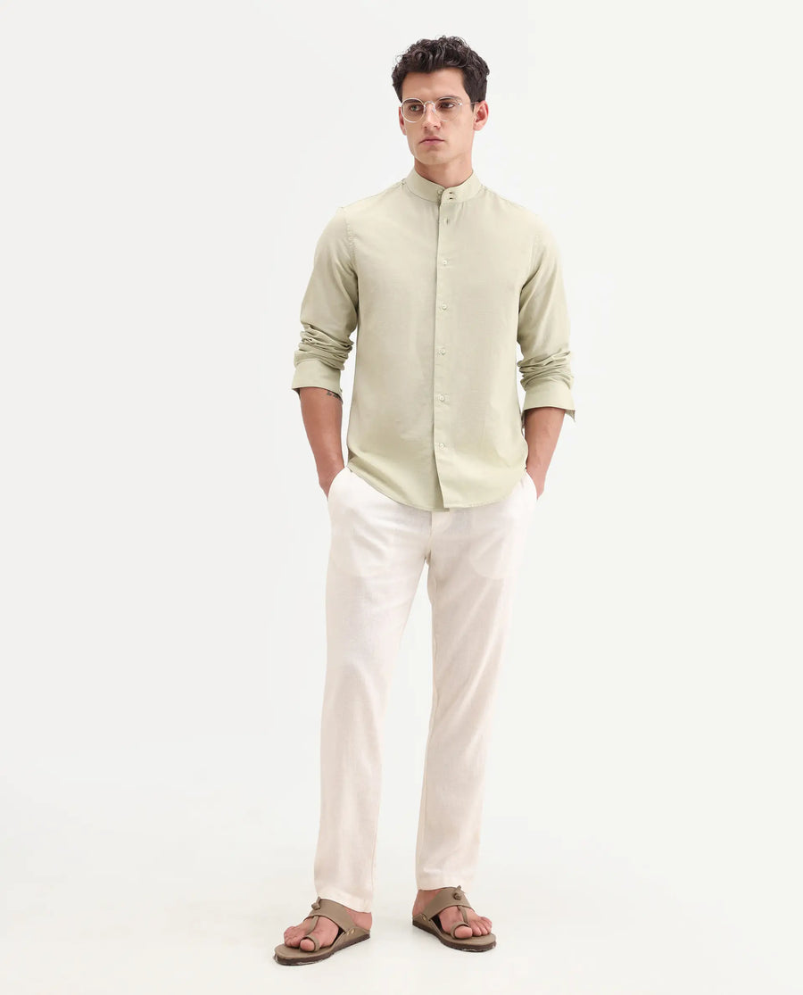 Rare Rabbit Men's Cadex Light Green Cotton Fabric Full Sleeve Mandarin Collar Regular Fit Plain Shirt