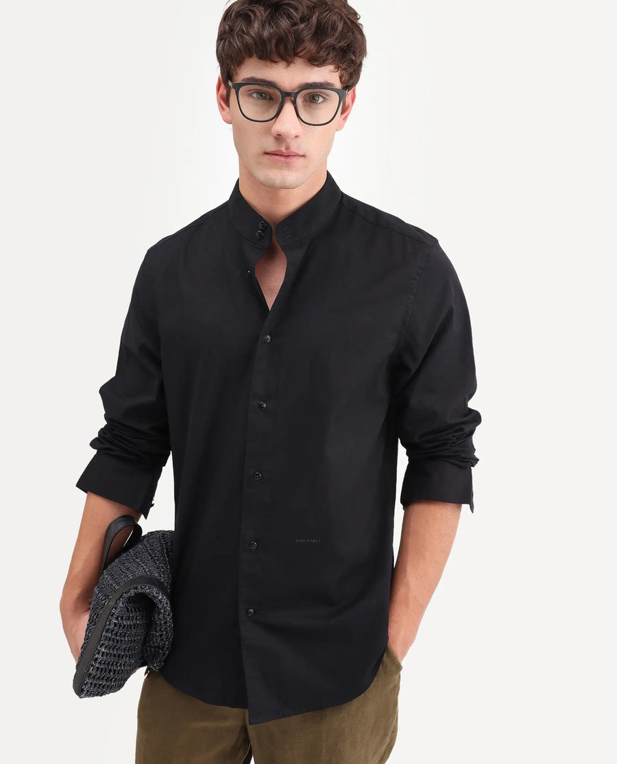 Rare Rabbit Men's Cadex Black Cotton Fabric Full Sleeve Mandarin Collar Regular Fit Plain Shirt