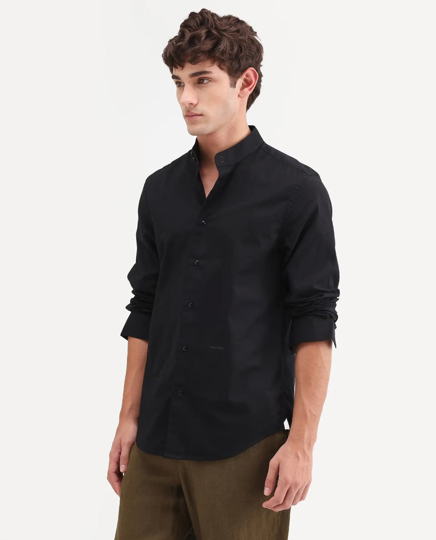 Rare Rabbit Men's Cadex Black Cotton Fabric Full Sleeve Mandarin Collar Regular Fit Plain Shirt
