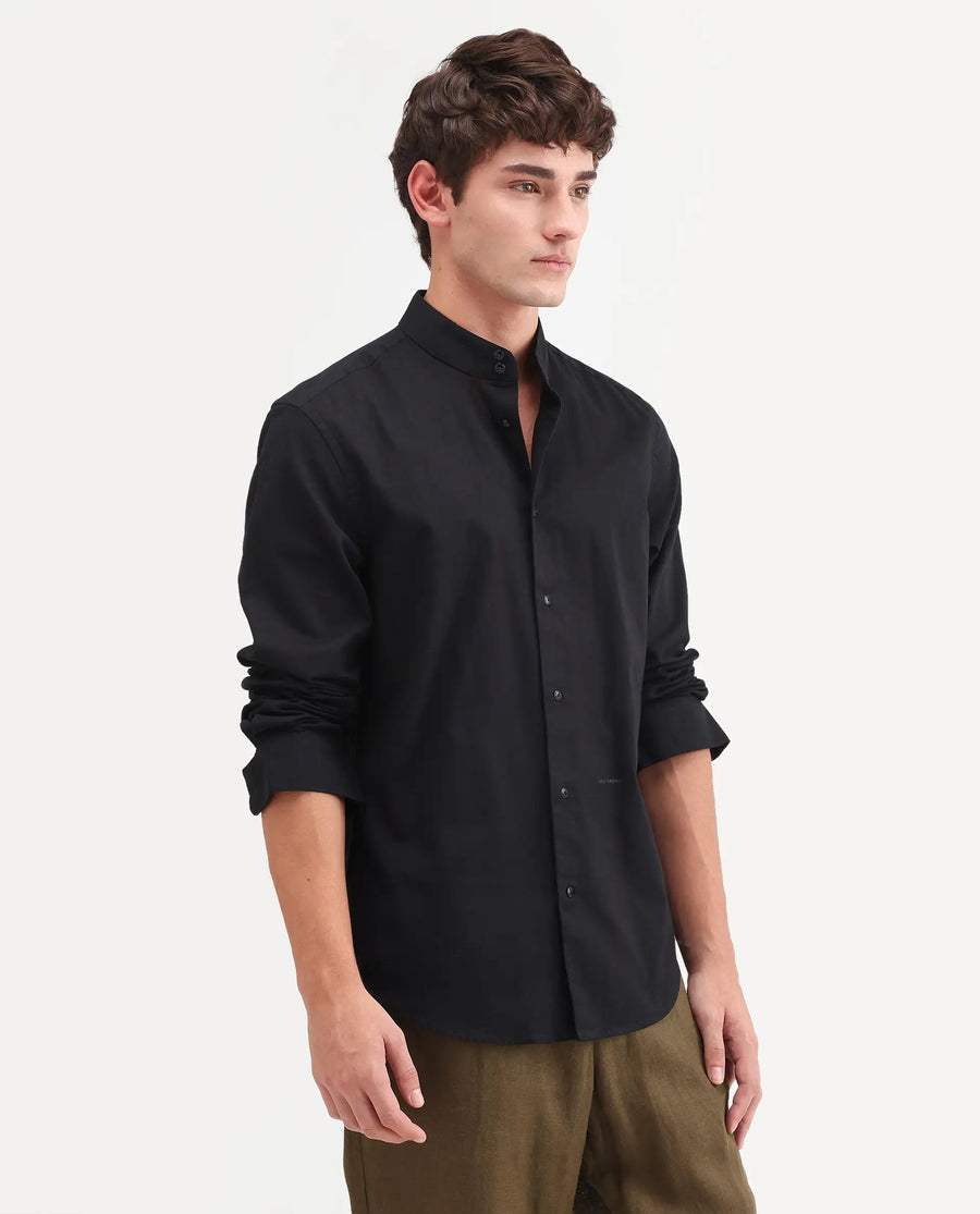 Rare Rabbit Men's Cadex Black Cotton Fabric Full Sleeve Mandarin Collar Regular Fit Plain Shirt