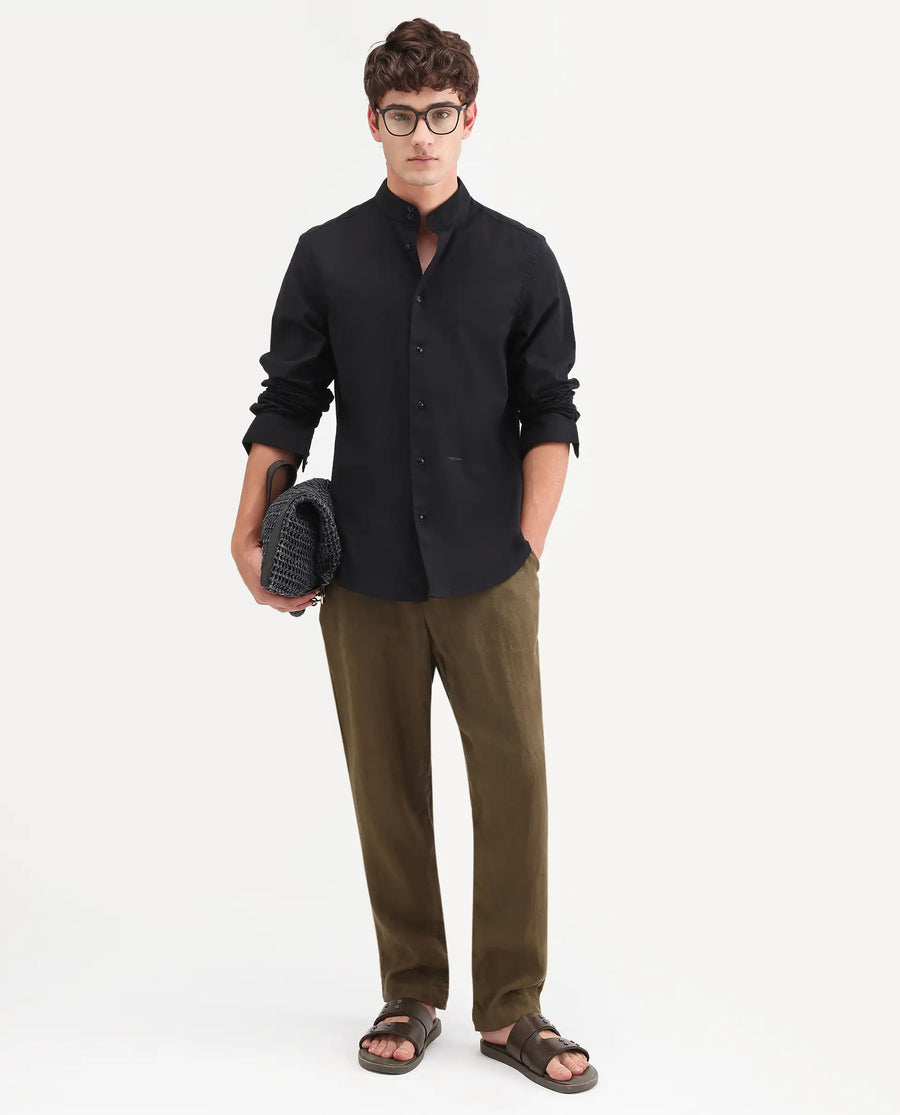 Rare Rabbit Men's Cadex Black Cotton Fabric Full Sleeve Mandarin Collar Regular Fit Plain Shirt
