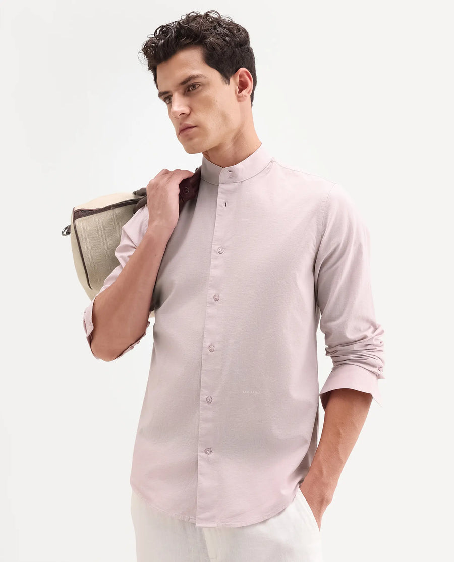 Rare Rabbit Men's Cadex Light Pink Cotton Fabric Full Sleeve Mandarin Collar Regular Fit Plain Shirt