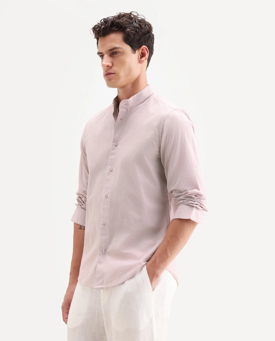 Rare Rabbit Men's Cadex Light Pink Cotton Fabric Full Sleeve Mandarin Collar Regular Fit Plain Shirt