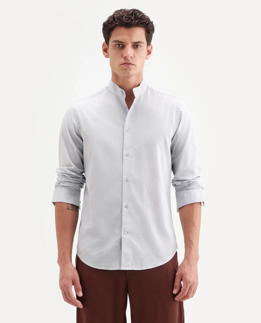 Rare Rabbit Men's Cadex Light Purple Cotton Fabric Full Sleeve Mandarin Collar Regular Fit Plain Shirt