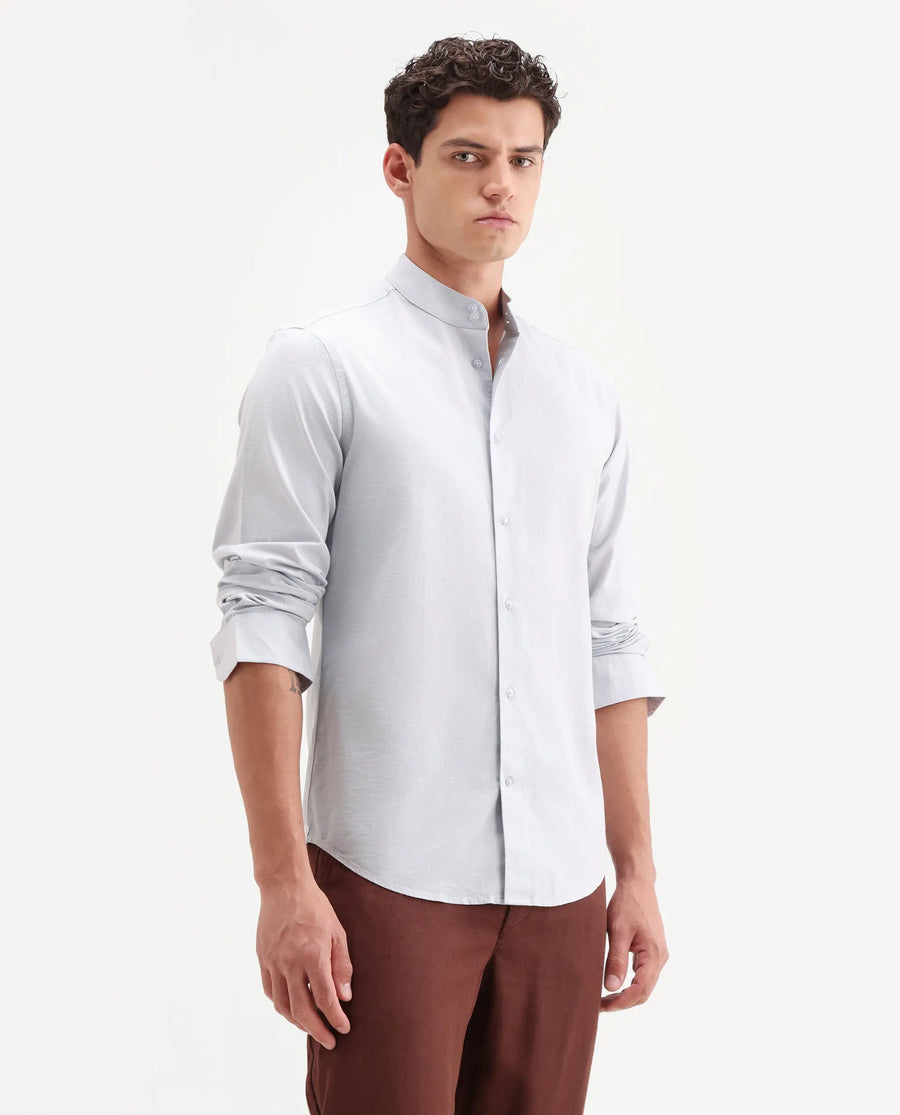 Rare Rabbit Men's Cadex Light Purple Cotton Fabric Full Sleeve Mandarin Collar Regular Fit Plain Shirt