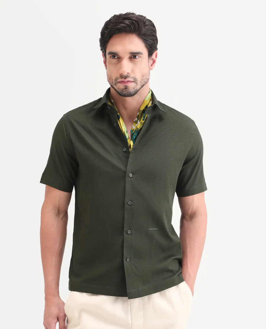 Rare Rabbit Men's Parker Dark Green Cotton Fabric Half Sleeve Regular Fit Striped Shirt