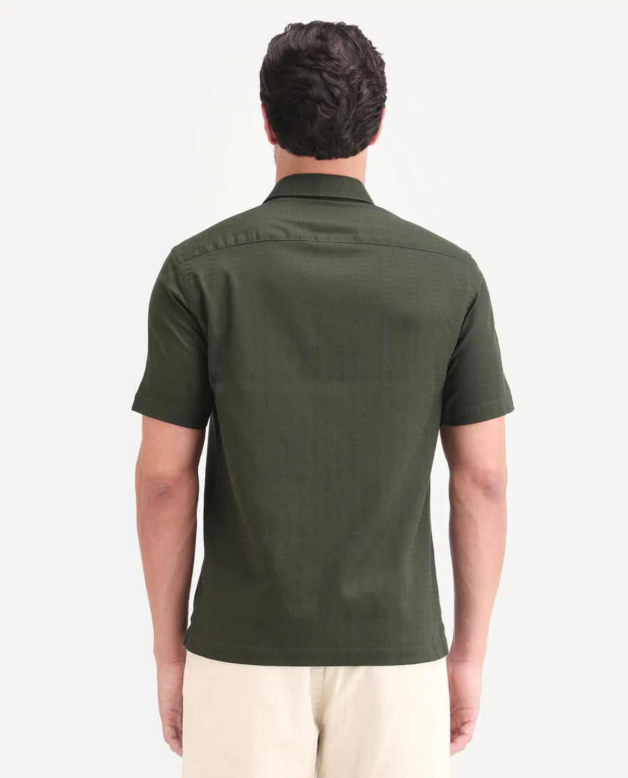 Rare Rabbit Men's Parker Dark Green Cotton Fabric Half Sleeve Regular Fit Striped Shirt