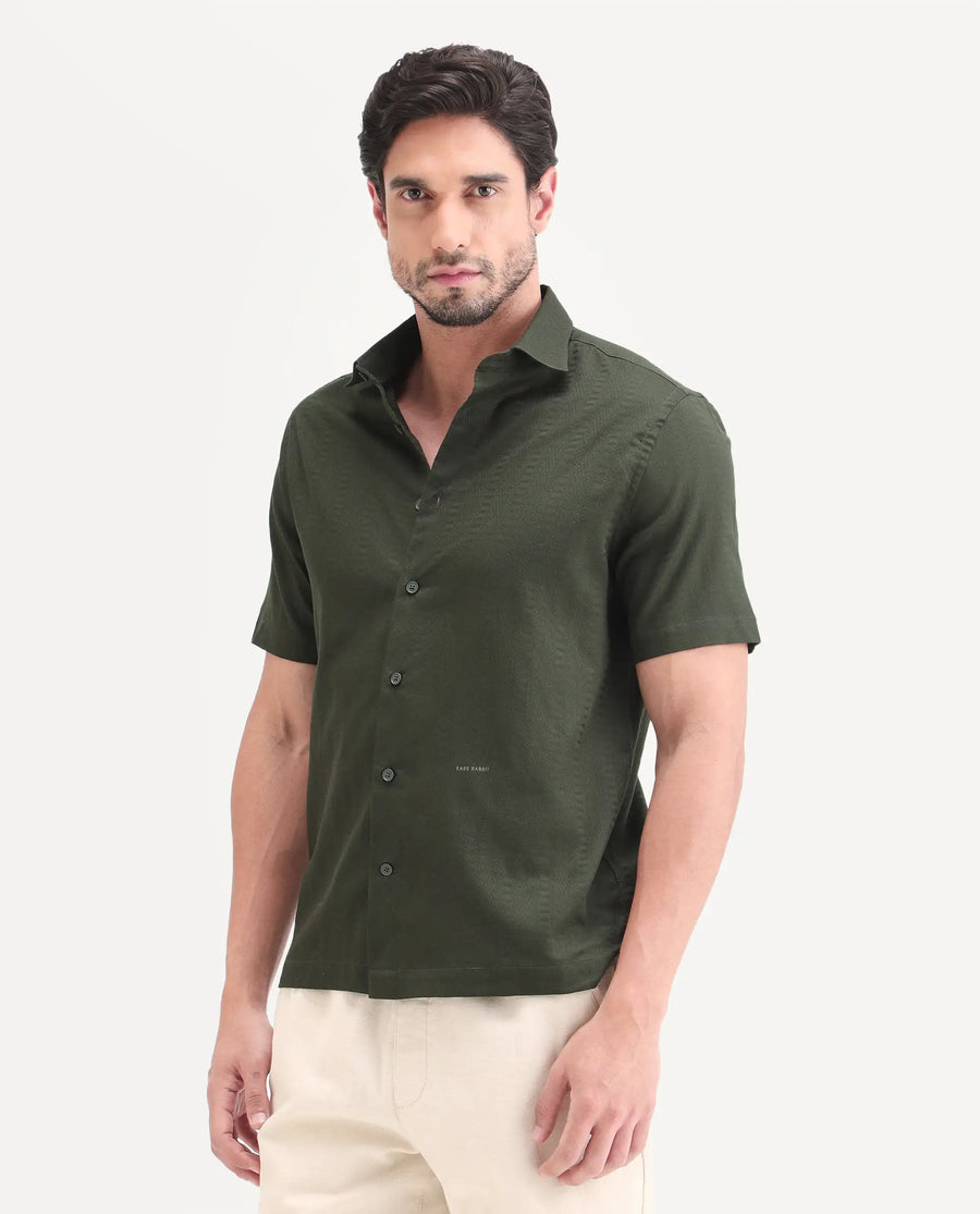 Rare Rabbit Men's Parker Dark Green Cotton Fabric Half Sleeve Regular Fit Striped Shirt