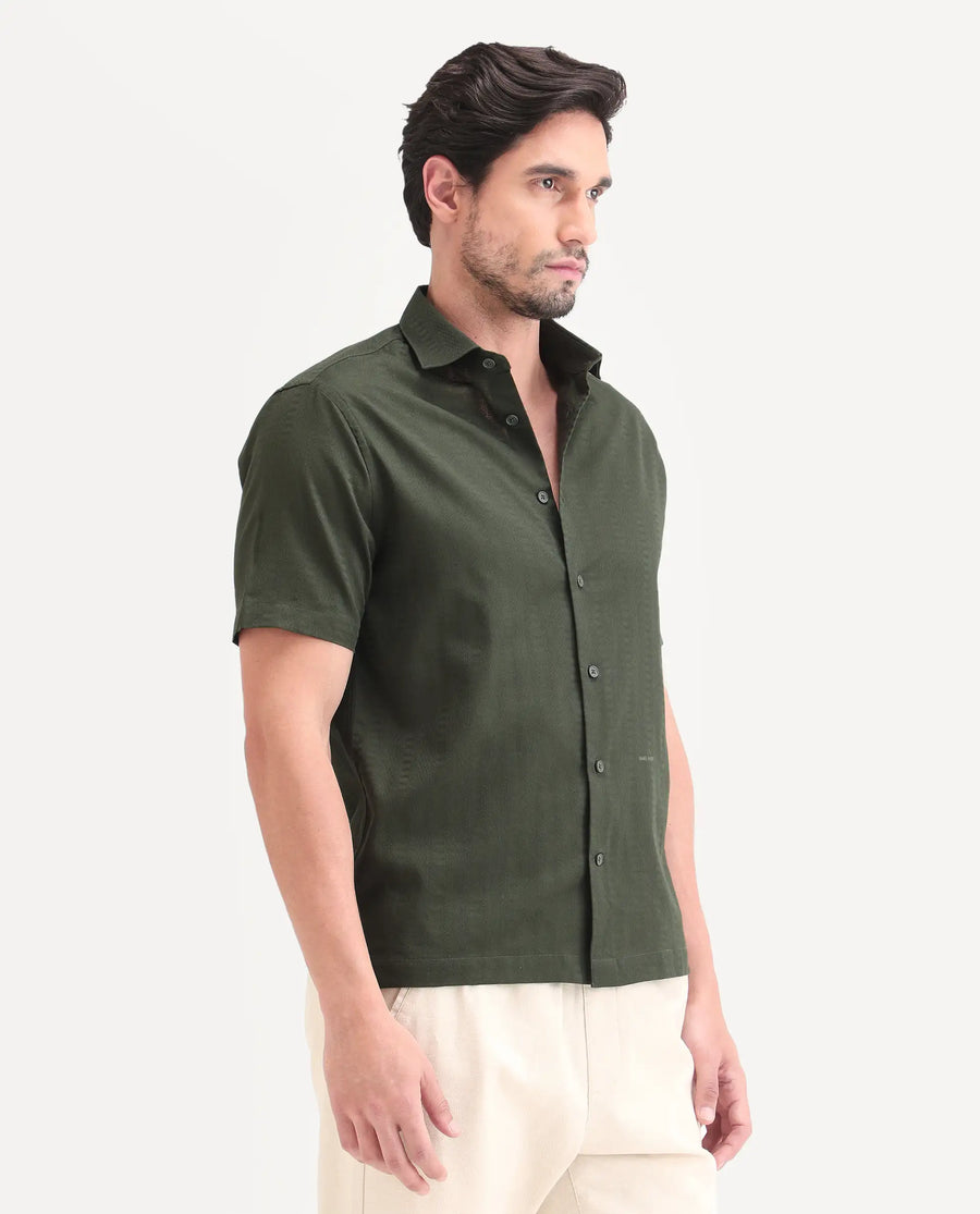 Rare Rabbit Men's Parker Dark Green Cotton Fabric Half Sleeve Regular Fit Striped Shirt