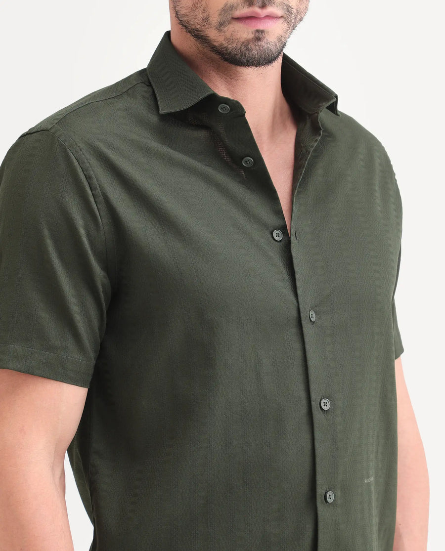 Rare Rabbit Men's Parker Dark Green Cotton Fabric Half Sleeve Regular Fit Striped Shirt