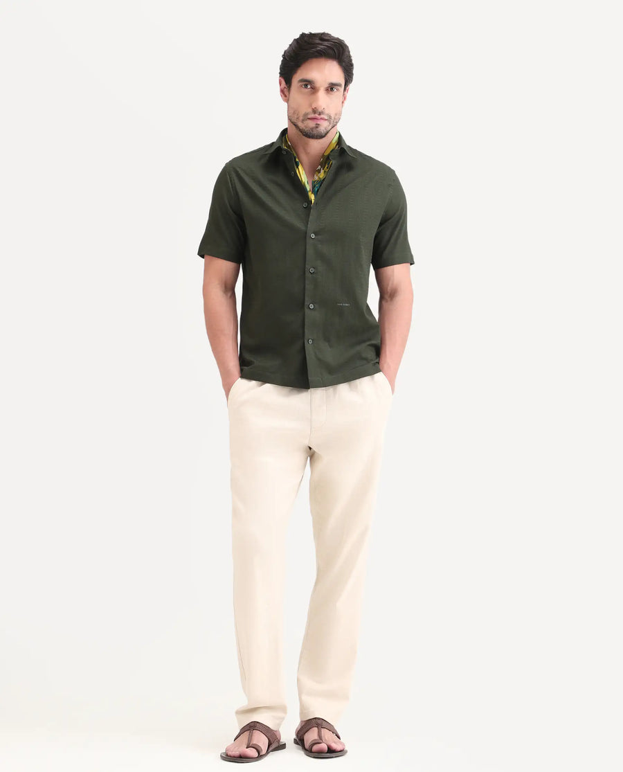 Rare Rabbit Men's Parker Dark Green Cotton Fabric Half Sleeve Regular Fit Striped Shirt
