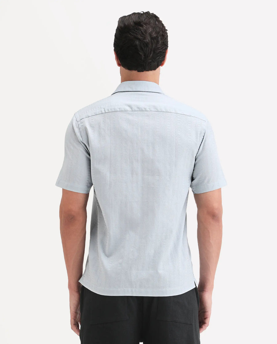 Rare Rabbit Men's Parker Light Blue Cotton Fabric Half Sleeve Regular Fit Striped Shirt