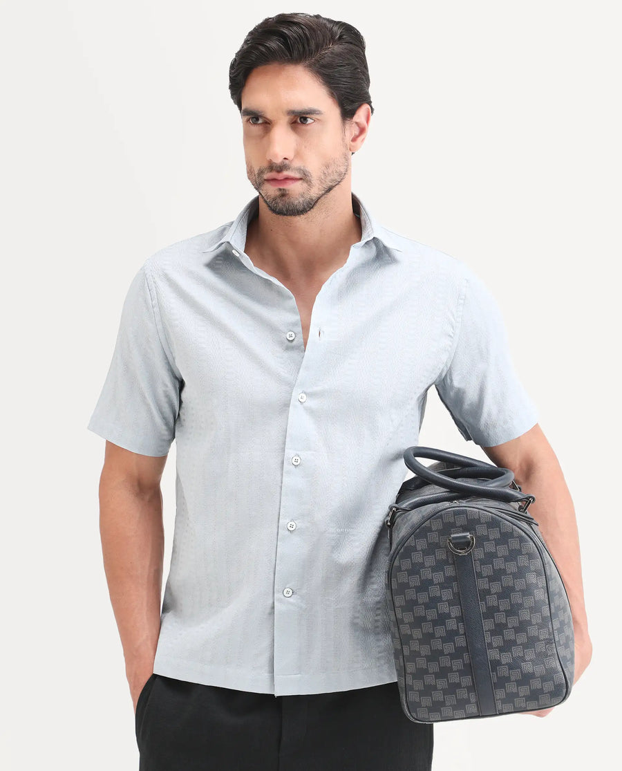 Rare Rabbit Men's Parker Light Blue Cotton Fabric Half Sleeve Regular Fit Striped Shirt