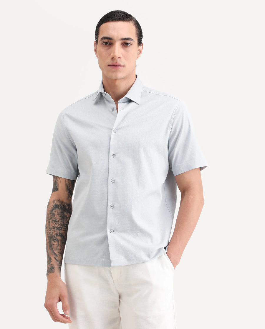 Rare Rabbit Men's Garah Light Grey Cotton Blend Fabric Half Sleeve Regular Fit Shirt