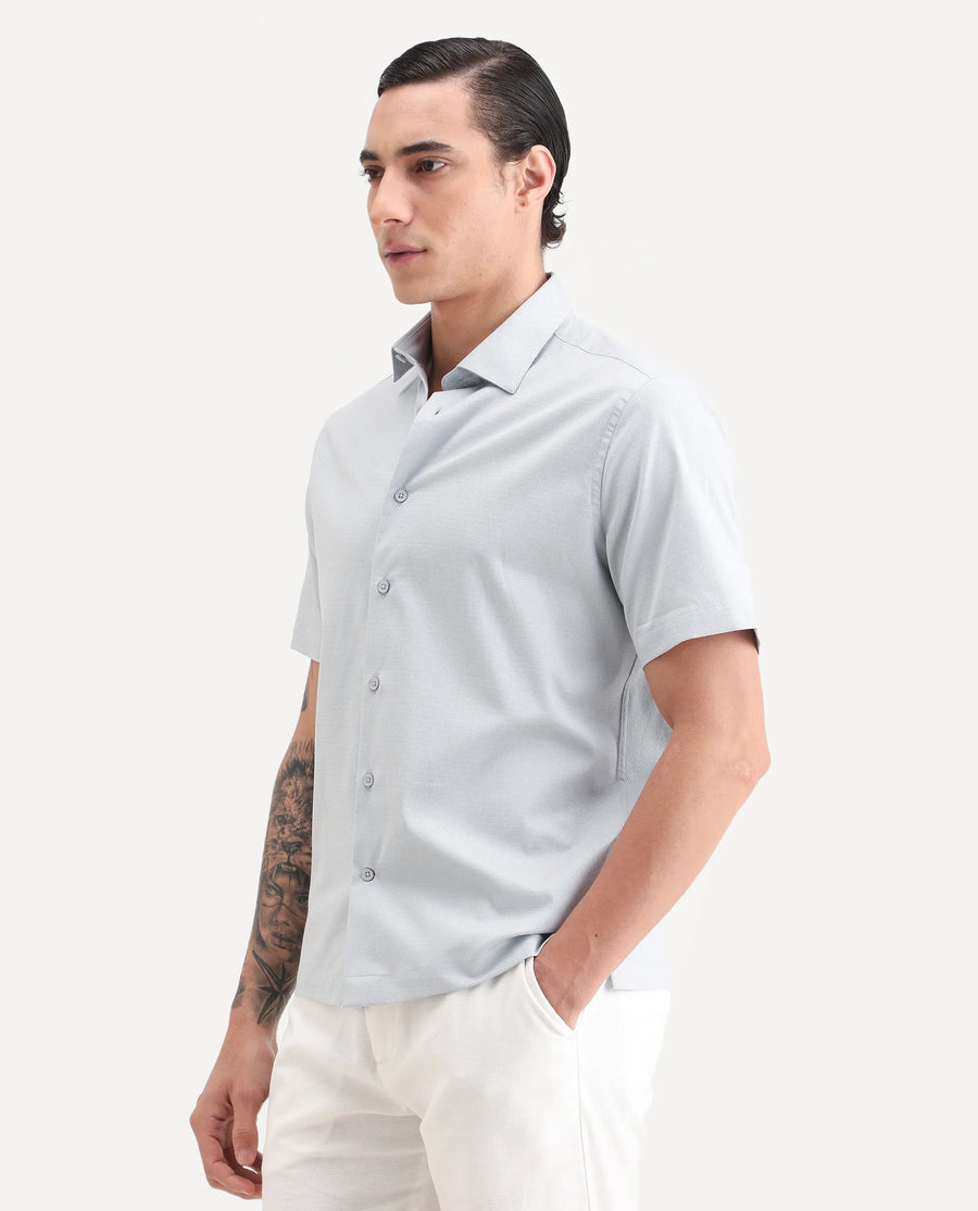 Rare Rabbit Men's Garah Light Grey Cotton Blend Fabric Half Sleeve Regular Fit Shirt