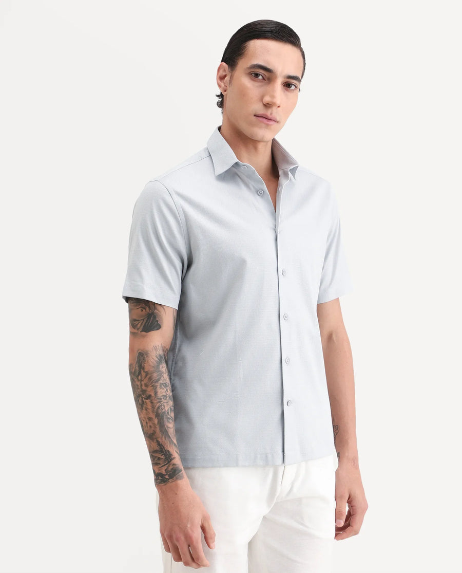 Rare Rabbit Men's Garah Light Grey Cotton Blend Fabric Half Sleeve Regular Fit Shirt