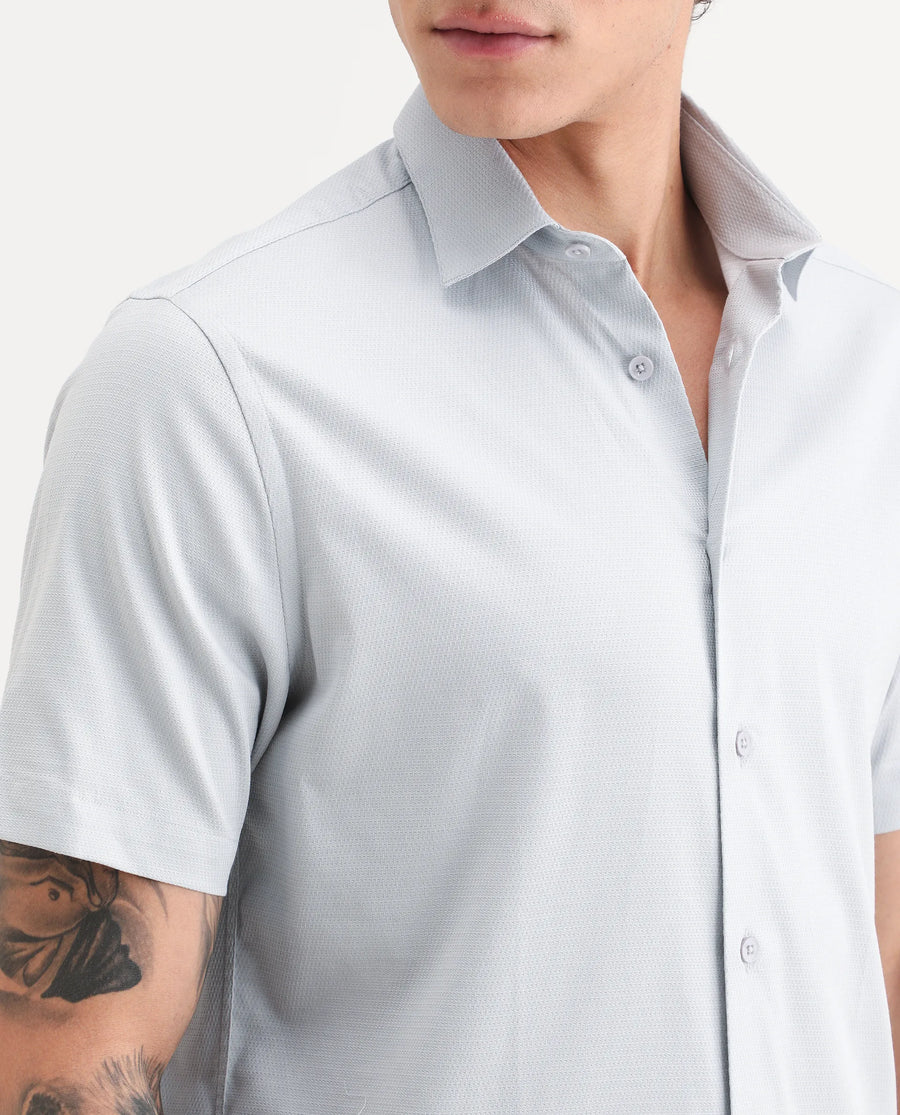 Rare Rabbit Men's Garah Light Grey Cotton Blend Fabric Half Sleeve Regular Fit Shirt