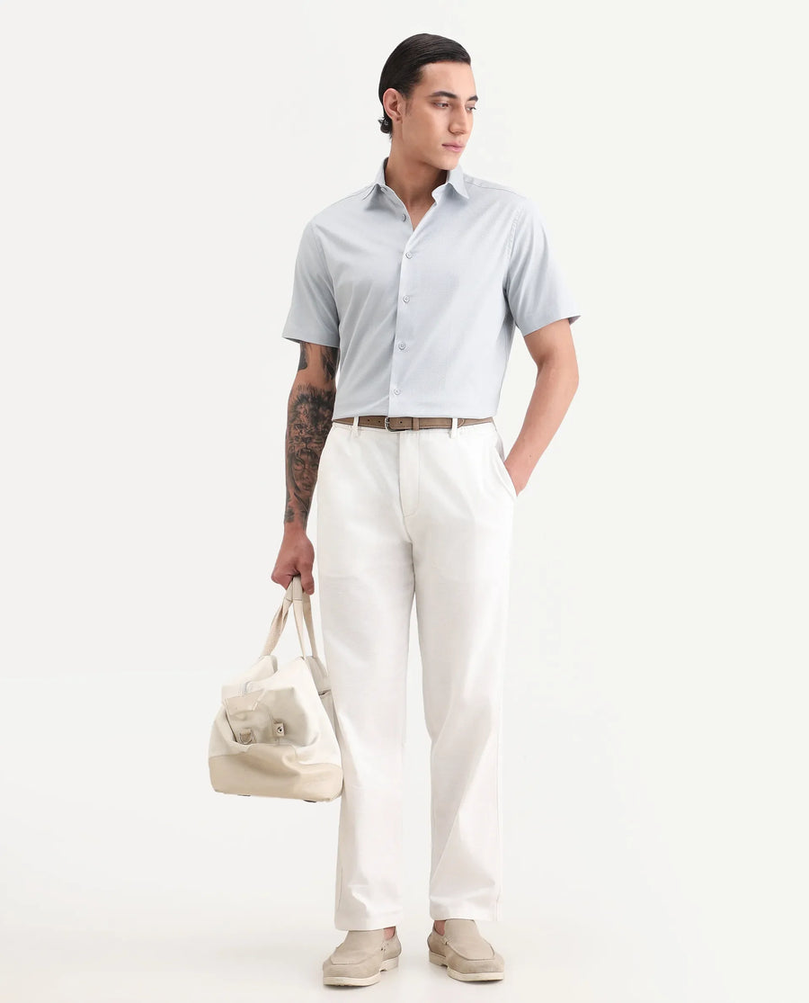 Rare Rabbit Men's Garah Light Grey Cotton Blend Fabric Half Sleeve Regular Fit Shirt