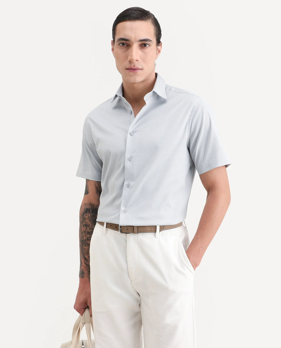 Rare Rabbit Men's Garah Light Grey Cotton Blend Fabric Half Sleeve Regular Fit Shirt